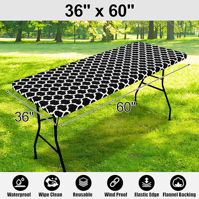 Smiry Rectangle Picnic Table Cover, Waterproof Elastic Fitted Camping Tablecloths for 5 Foot Tables, Wipeable Flannel Backed Vinyl Tablecloth Protector for Indoor, Outdoor (Black, 36x60 Inches)