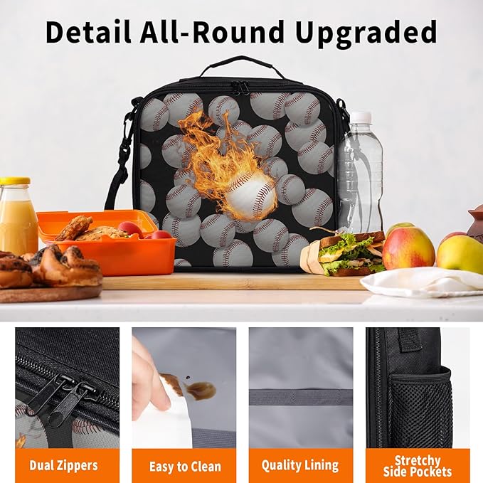 Fire Baseball Sport Pattern Lunch Bag Fire Sport Black Lunch Boxes for Women/Man Office Work Travel School Work Picnic Durable Reusable Insulated Large Lunch Tote Bag with Adjustable Shoulder Strap