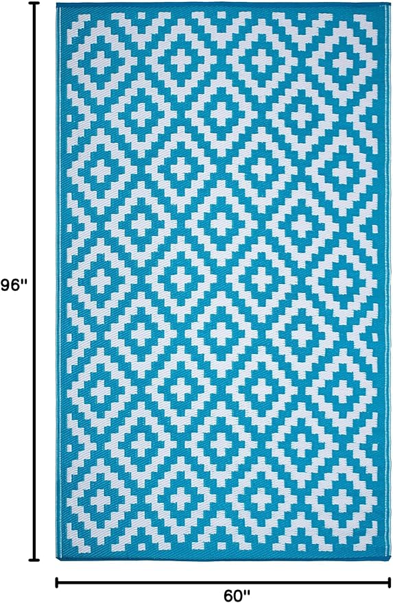 FH Home Outdoor Rug - Waterproof, Fade Resistant, Reversible - Premium Recycled Plastic - Geometric - Patio, Porch, Deck, Balcony - Aztec - Teal & White Crease Free - 5 x 8 ft