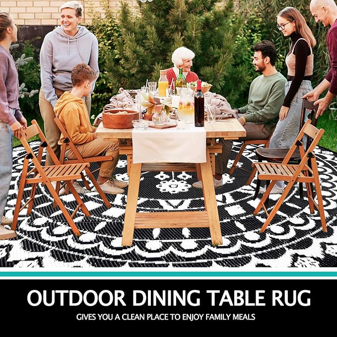 Capslpad 10Ft Round Outdoor Rug for Patio Reversible Mat Boho Circle Indoor Outside Area Rug Waterproof Plastic Straw Rug for RV Camping Picnic Pool Tent Beach Deck Balcony Doormats Decor, Black