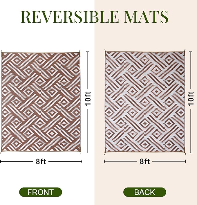 OPPODREAM Outdoor Rug 8x10 Patio Waterproof, Large Outdoor Plastic Straw Rug, Reversible Out Door Carpet for Camping, Deck, Rv, 8 x 10 Area Carpet for Balcony, Porch, Backyard, White and Brown