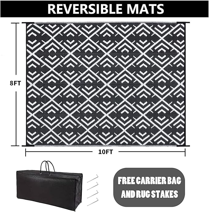 RV Outdoor Rug Waterproof Mat Outdoor Rugs 8'x10' for Patios Clearance Carpet Outdoor Camping Rugs Large Plastic Straw Rug(8x10ft Geometric Black&White)