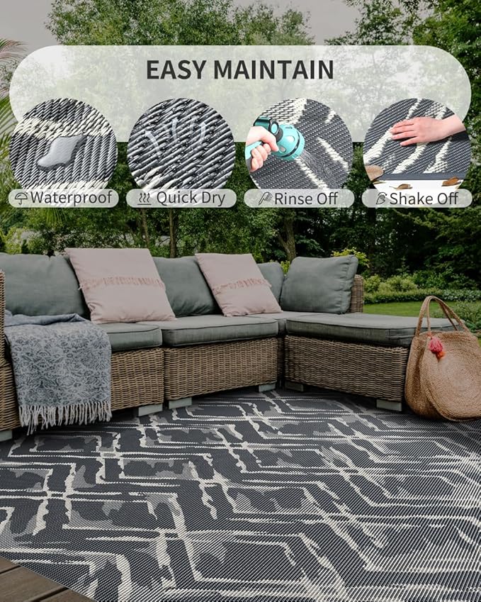 MontVoo Outdoor Rug Waterproof-Patio Rug Mat 5x7 Outdoor Carpet Reversible RV Camping Picnic Plastic Straw Rug Outside Outdoor Area Rug for Balcony Deck Backyard Patio Decor Modern Abstract