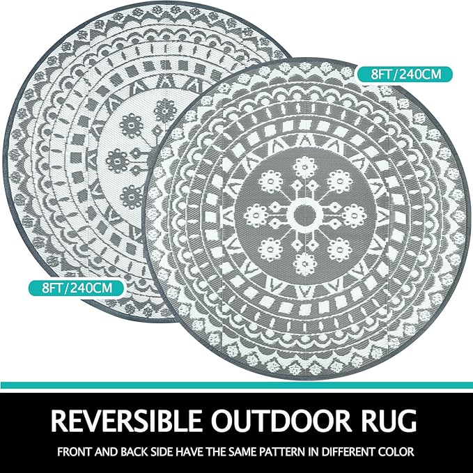 Capslpad 8Ft Round Outdoor Rug for Patios Clearance Reversible Mat Plastic Straw Patio Rugs Lightweight RV Camping Mat Circle Outside Area Rug Carpet for Balcony Deck Trailer Picnic BBQ, Grey