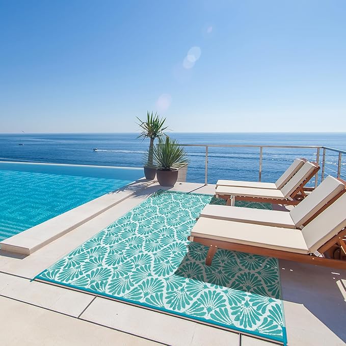 Lahome Outdoor Plastic Straw Rugs 8x10 Waterproof, Reversible Rv Outdoor Rugs for Camping, Large Outside Carpet for Camper Picnic Beach Pool Patio Deck, Teal 8'x10'