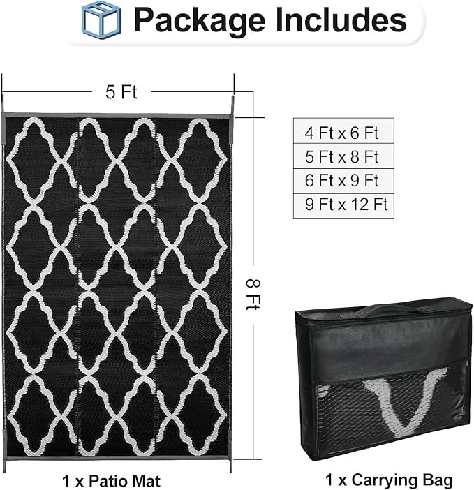 OutdoorLines Outdoor Plastic Area Rugs for Patio 5x8 ft - Reversible Outside Carpet, Stain & UV Resistant RV Mats, Straw Rug for Camping, Deck Garden, Porch and Balcony, Moroccan Black & Light Grey