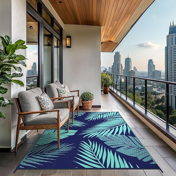 GENIMO Outdoor Rug 9' x 12' Waterproof for Patios Clearance, Reversible Outdoor Plastic Straw Camping Rug Carpet, Large Area Rugs Mats for RV, Camper, Deck, Balcony, Porch, Beach, Navy Blue&Jade Green