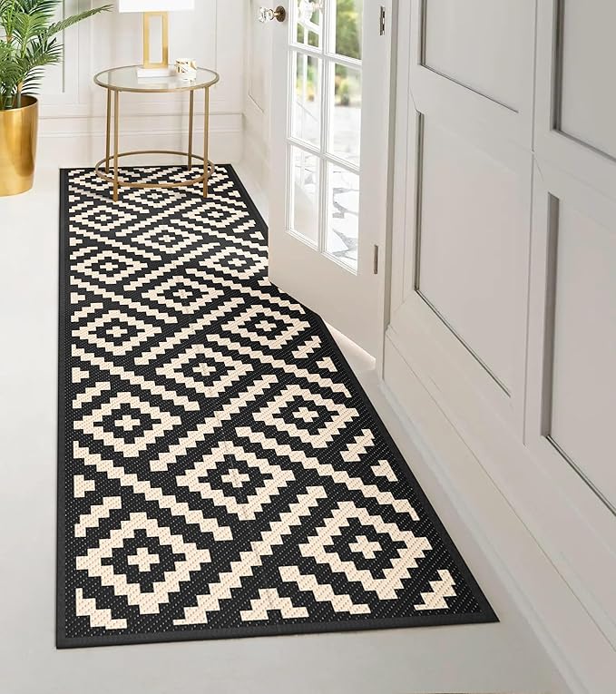 GENIMO Outdoor Rug 2.5'x8' Waterproof, Reversible Camping Mat, Plastic Straw Rugs for Patio, RV, Camper, Balcony, Backyard, Picnic, Deck (Black & Beige)