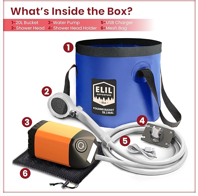 Elil Portable Camping Shower Pump with 3 Gallon Collapsible Bucket - Rechargeable Battery Camp Shower Electric Shower, Portable Shower for Camping Shower Tents