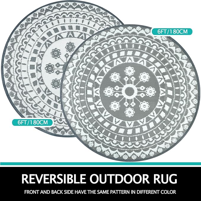 Capslpad 6Ft Round Outdoor Rug for Patios Clearance Reversible Mat Plastic Straw Patio Rugs Lightweight RV Camping Mat Circle Outside Area Rug Carpet for Balcony Deck Trailer Picnic BBQ, Grey