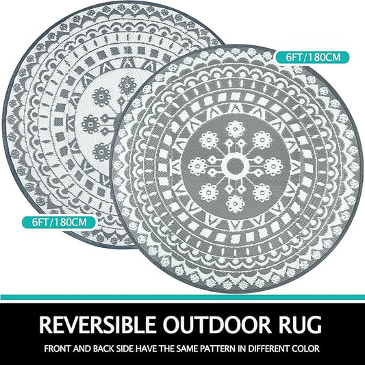 Capslpad 6Ft Round Outdoor Rug for Patios Clearance Reversible Mat Plastic Straw Patio Rugs Lightweight RV Camping Mat Circle Outside Area Rug Carpet for Balcony Deck Trailer Picnic BBQ, Grey