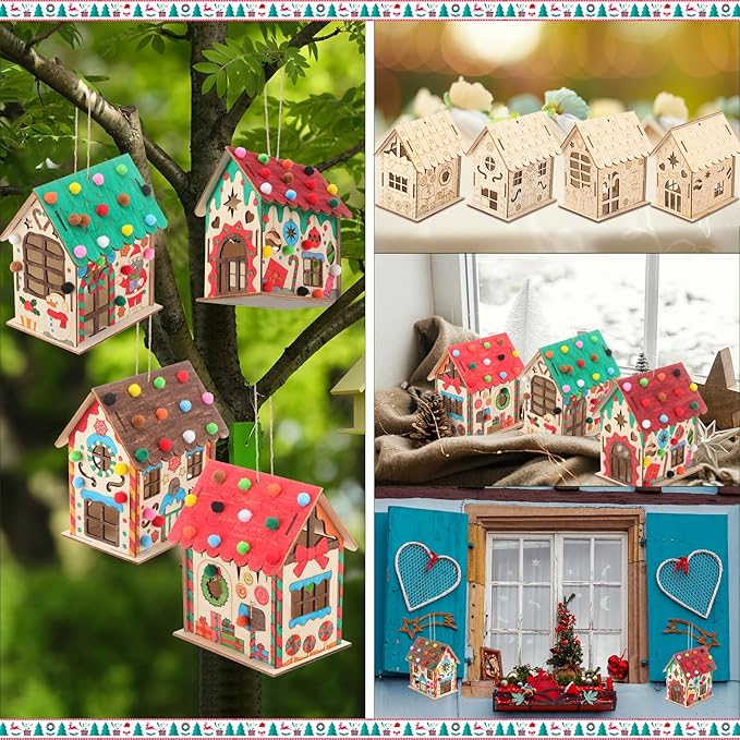 12 Pcs Wood Gingerbread House Craft Kit for Kids DIY Wooden Christmas Birdhouse Craft Kits Holiday Village Houses Make a Gingerbread Wooden House for Xmas Party Game Craft Supplies