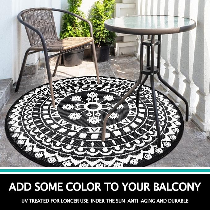 Capslpad 5Ft Round Outdoor Rug for Patio Reversible Mat Waterproof Plastic Straw Rug Boho Circle Indoor Outside Area Rug for RV Camping Picnic Pool Tent Balcony Beach Deck Doormats Decor, Black