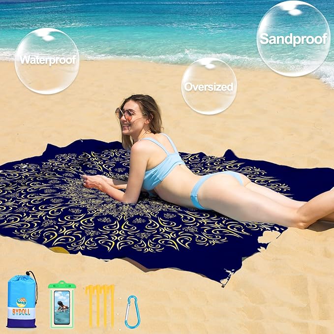 BYDOLL Beach Blanket 78''X81'' 4-7 Adults Oversized Lightweight Waterproof Sandproof Blanket for Beach Large Picnic Mat Travel Camping