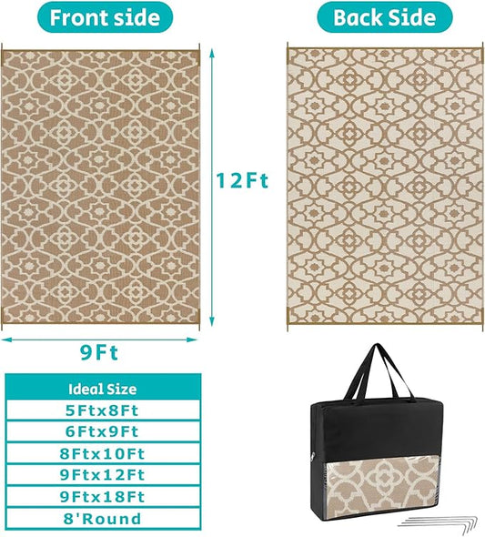 HEBE Outdoor Rug 9'x12' for Patios Waterproof Clearance Reversible Patio Mat Plastic Straw Rug RV Camping Mat Outside Area Rug Carpet for Camping RV,Porch,Deck,Balcony,Camper,Backyard