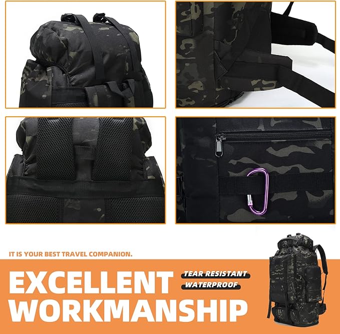 70L/100L Hiking Camping Backpack MOLLE Rucksack Waterproof Daypack for Traveling (Black CP)