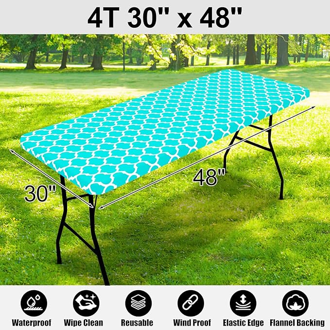 Smiry Rectangle Picnic Table Cover, Waterproof Elastic Fitted Camping Tablecloths for 4 Foot Tables, Wipeable Flannel Backed Vinyl Tablecloth Protector for Indoor, Outdoor (Teal, 30x48 Inches)
