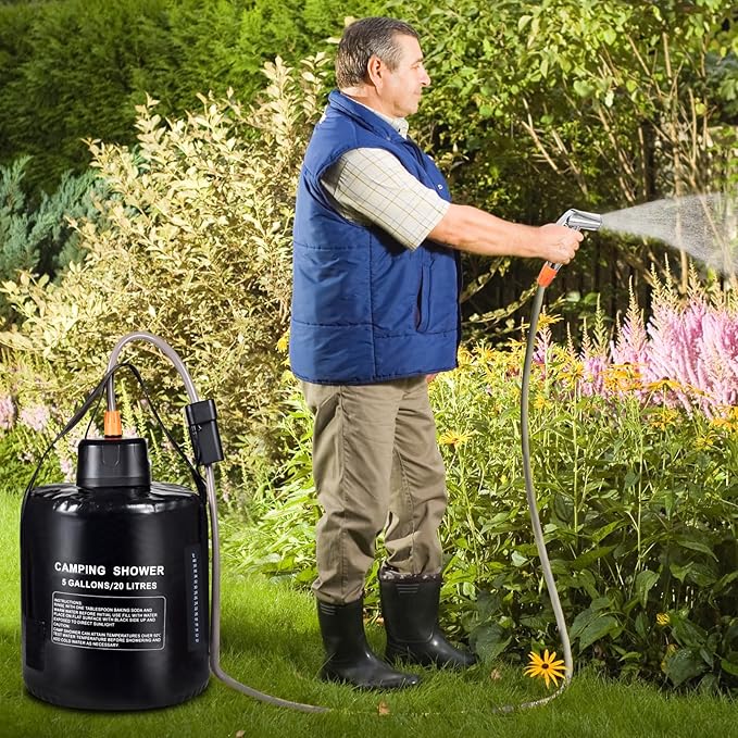 Portable camping shower,5 gallon/20 liter black PVC water bag,electric air pump,outdoor camping shower, solar water heater shower,built-in thermometer,beach,camping,hiking,outdoor shower ideal choice