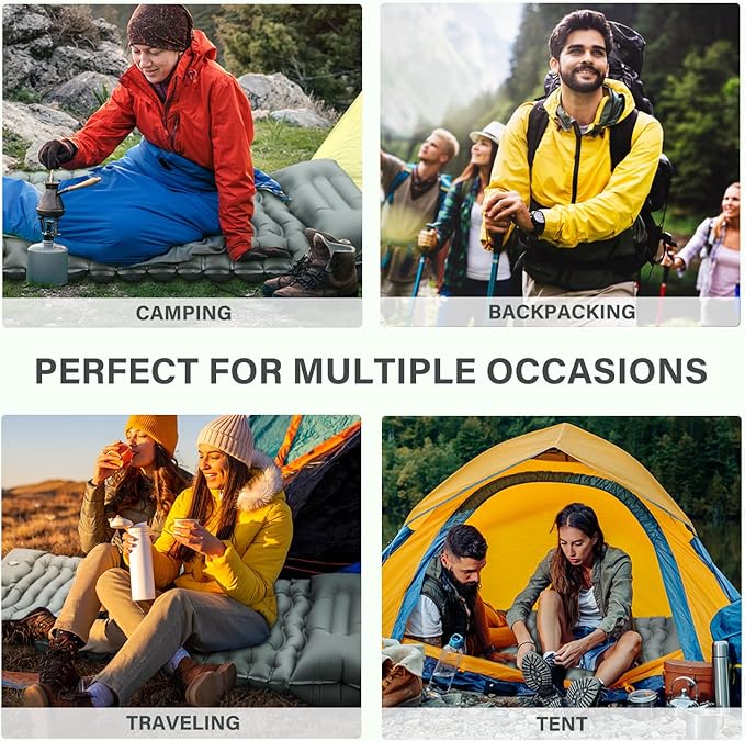 Camping Sleeping Pad, Ultralight Camping Mat with Pillow Built-in Foot Pump Inflatable Sleeping Pads Compact for Camping Backpacking Hiking Traveling - Gray