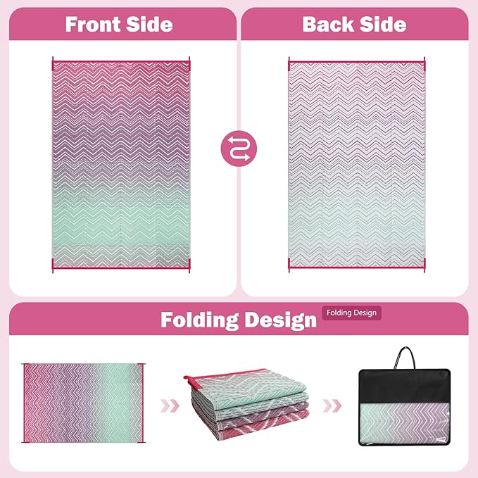 Lahome Outdoor Plastic Straw Rug, Reversible Outdoor Rug Waterproof 6x9 Patio Rugs, Camping Rugs for RV Backyard Deck Porch Picnic Beach Trailer (Pink/Green, 6' x 9')