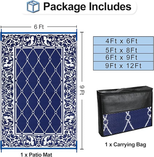 OutdoorLines Indoor Outdoor Rug for Patio 6x9 ft - Reversible Outside Carpet, Stain & UV Resistant Portable RV Mat, Plastic Straw Rug for Camping, Pool Deck, Porch Rhombus Navy & White