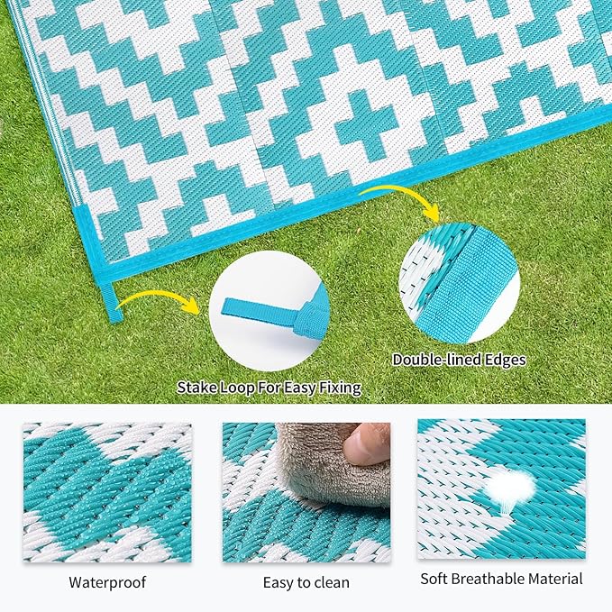 Outdoor Patio Plastic Straw Rug - 9'x12' Outdoor Camping Rug Waterproof Reversible, Area Carpet Patios Clearance RV, Outside Porch Balcony Deck for Camper, Blue & White
