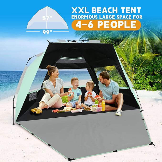 Beach Tent, Deluxe XL Pop-up Beach Tent for 4-6 Person, UPF 50+ with Dark Shelter Technology, Easy Set Up and Portable Beach Tent Sun Shelter