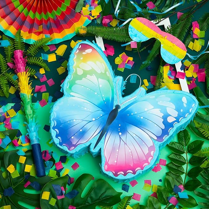 Butterfly Pinata with Pinata Stick, Eye Mask and 1 Pack Confetti, Rainbow Butterfly Party Supplies Butterfly Shaped Animal Pinata for Butterfly Birthday Decorations, 14.96 x 7.08 Inches (Glitter)