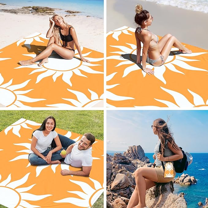 Large Beach Blanket Waterproof Sandproof, 78''×86'' Beach Mat Sand Free for 2-4 Adult with Stakes and Pocket, Foldable Picnic Blankets for Outdoor, Camping Hiking, Vacation Essentials-Boho Sun Rise