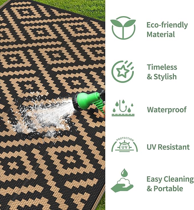 GENIMO Outdoor Rug Waterproof, 10' x 20' Reversible Plastic Straw Rugs, Lightweight Large RV Camping Mat for Patio, Deck, Camper, Balcony, Backyard, Picnic, Black & Brown