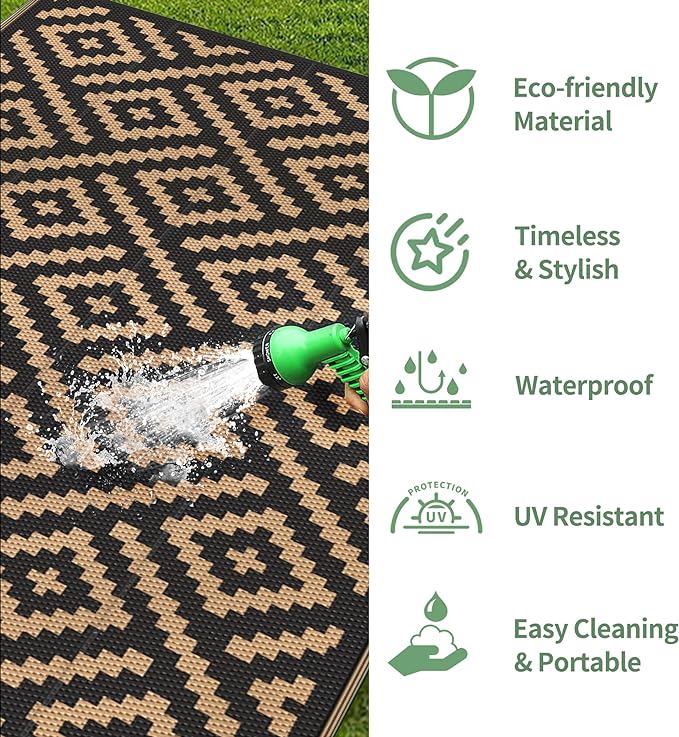 GENIMO 5x8 Outdoor Rug Waterproof, Reversible Mats, Area Rug, Plastic Outside Carpet, Geometric Rv Mat for Patio Camping Rv Picnic Backyard Deck Balcony Porch Beach Trailer (Black & Brown)