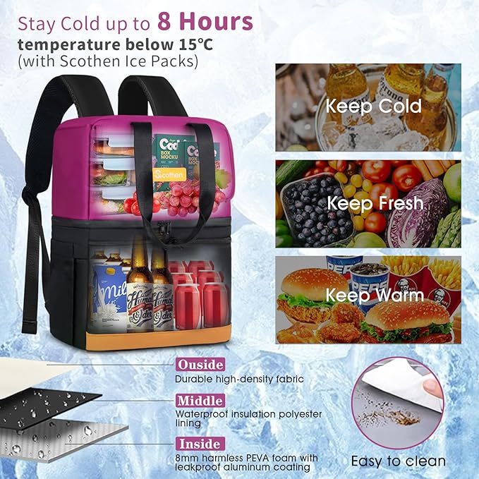 Backpack Cooler with Double Decker & 12 Ice Packs- Keeps 36 Cans Cold for Up to 24 Hours- Waterproof & Leak Proof Insulated Cooler Backpack- Stylish Cooler Bookbag for Women Travel Work Beach