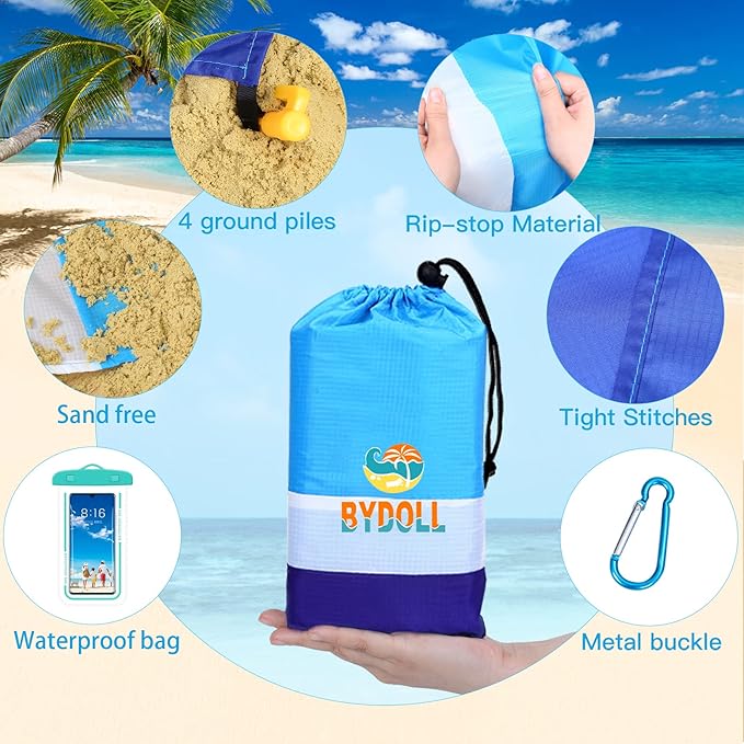BYDOLL Beach Blanket Waterproof Sandproof 78''×81'' 1-7 Adults Oversized Lightweight Large Picnic Mat Waterproof Sandproof Blanket for Beach