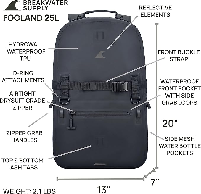 Breakwater Supply™ 100% Waterproof Submersible Backpack, Laptop Bag, Airtight Zippers | Travel Outdoors | Fogland 25L 20L 15L