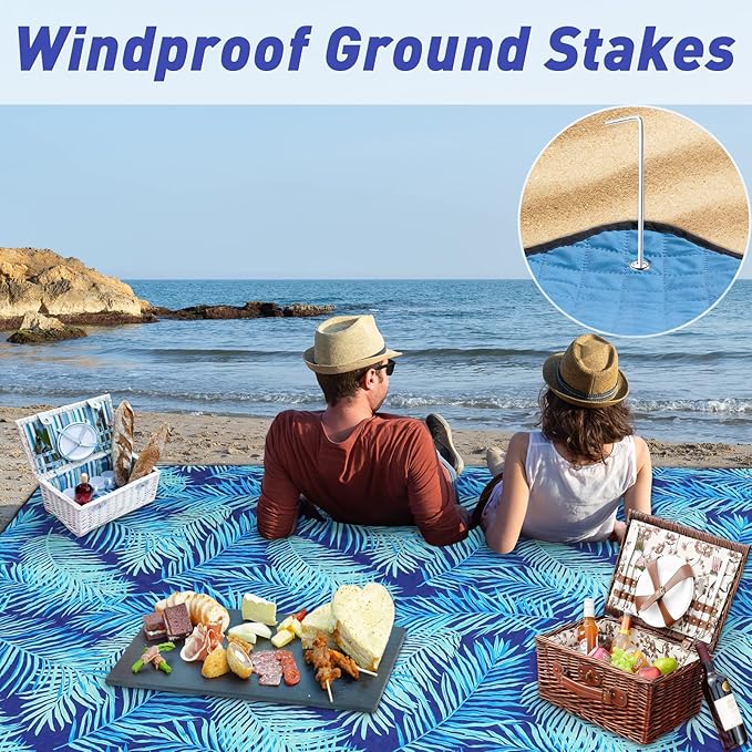 PY SUPER MODE Picnic Blankets Extra Large, Waterproof Foldable Outdoor Beach Blanket Oversized 83x79” Sandproof, 3-Layer Picnic Mat for Camping, Hiking, Travel, Park, Concerts(Blue Leaves)