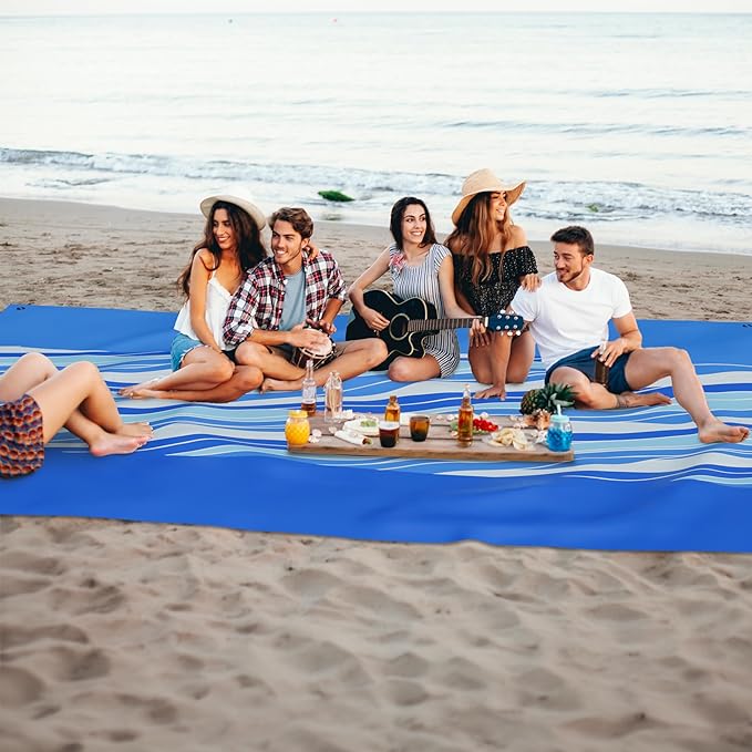 Mooreeke Beach Blanket Extra Large Oversized 9 x 11 ft, Blue Waves Sandproof Waterproof Quick Drying Lightweight Compact Outdoor Blanket Beach Mat for Family Travel Camping Picnic, 1-8 Adults
