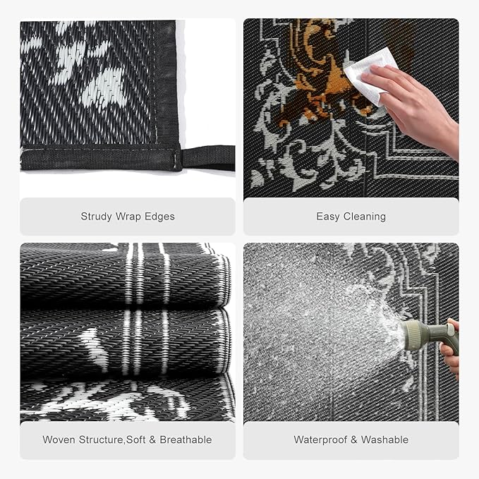 wikiwiki Outdoor Rug, 5x8ft Waterproof Reversible Mat Indoor Outdoor Rugs Carpet, Small Area Rug Plastic Straw Rug for Patio Deck Balcony Pool RV Camping Beach Picnic, Classic Black, Rugscape Series
