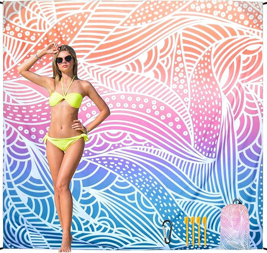 Beach Blanket Waterproof Sandproof Beach Mat 79”x 83” for 1-4 Adults Quick Drying Durable Outdoor Picnic Mat for Beach Festival Travel Camping Hiking (Gradiant-Ripple, 79"×83"(4 Person))
