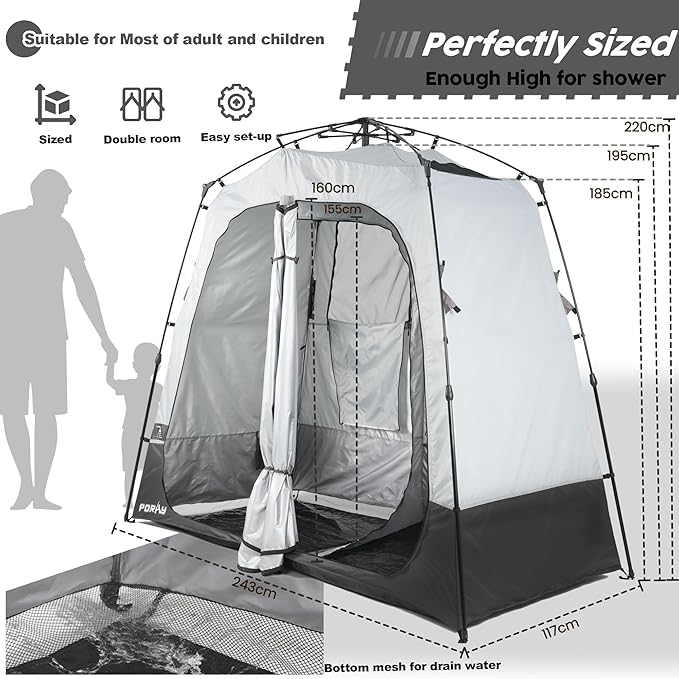 Camping Shower Tent Deluxe Changing Room Easy Set Up Privacy Shelter,Large Toilet Tent 2 Rooms with Floor Drain Design for Beach, Camping,Hiking with Stakes and Ropes for Stability