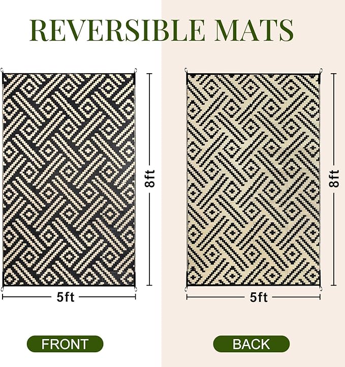 OPPODREAM Outdoor Rug 5x8 Ft, Waterproof Outdoor Plastic Straw Rug for Patio, Reversible Out Door Carpet for Camping, Deck, Rv, 5 x 8 Area Carpet for Balcony, Porch, Backyard, Black and Beige