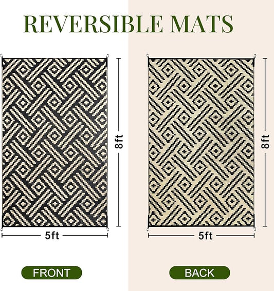 OPPODREAM Outdoor Rug 5x8 Ft, Waterproof Outdoor Plastic Straw Rug for Patio, Reversible Out Door Carpet for Camping, Deck, Rv, 5 x 8 Area Carpet for Balcony, Porch, Backyard, Black and Beige