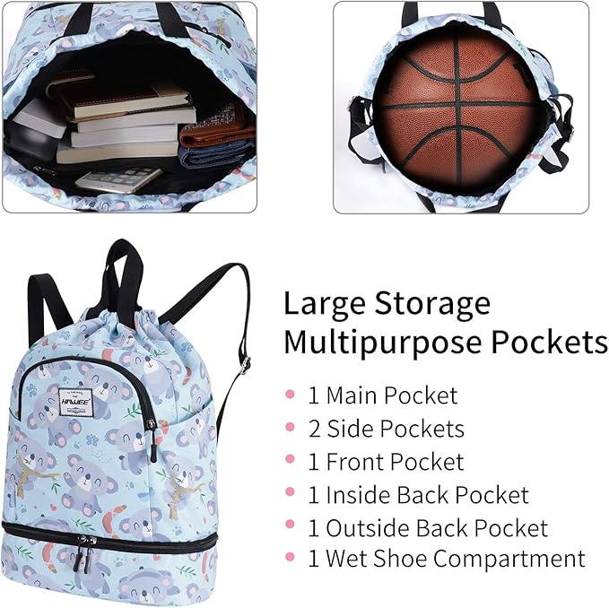 Dry Wet Drawstring Backpack with Shoe Compartment for Women Adjustable Gym Bag