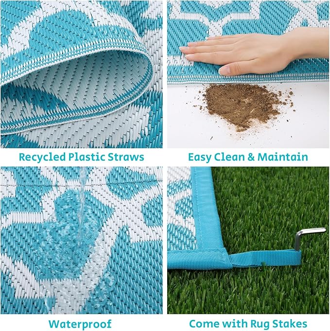 HEBE Outdoor Rug 9'x12' for Patios Waterproof Clearance Reversible Patio Mat Plastic Straw Rug RV Camping Mat Outside Area Rug Carpet for Camping RV,Porch,Deck,Balcony,Camper,Backyard