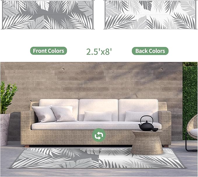 GENIMO Outdoor Rug 2.5' x 8' Waterproof for Patios Clearance, Reversible Outdoor Plastic Straw Hallway Runner Rug Carpet, Entryway Rugs Mats for Deck, Porch, Balcony, Camping, RV, Camper, Grey&White