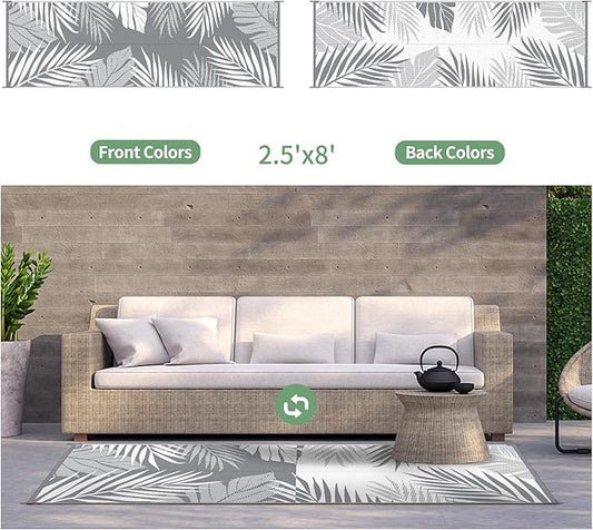 GENIMO Outdoor Rug 2.5' x 8' Waterproof for Patios Clearance, Reversible Outdoor Plastic Straw Hallway Runner Rug Carpet, Entryway Rugs Mats for Deck, Porch, Balcony, Camping, RV, Camper, Grey&White