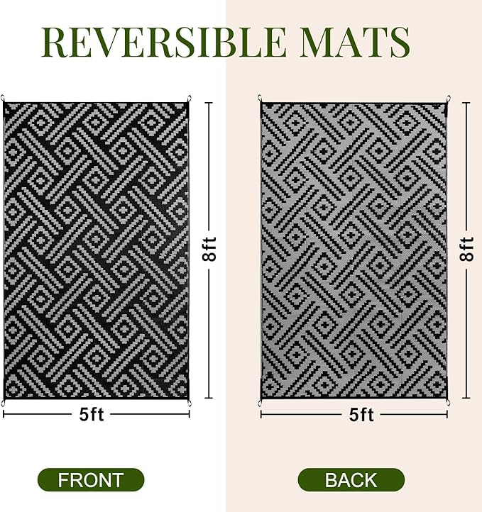 OPPODREAM Outdoor Rug 5x8 Ft, Waterproof Outdoor Plastic Straw Rug for Patio, Reversible Out Door Carpet for Camping, Deck, Rv, 5 x 8 Area Carpet for Balcony, Porch, Backyard, Black and Grey