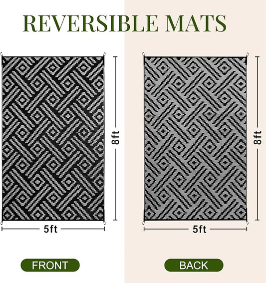 OPPODREAM Outdoor Rug 5x8 Ft, Waterproof Outdoor Plastic Straw Rug for Patio, Reversible Out Door Carpet for Camping, Deck, Rv, 5 x 8 Area Carpet for Balcony, Porch, Backyard, Black and Grey