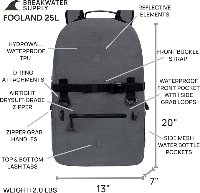 Breakwater Supply™ 100% Waterproof Submersible Backpack, Laptop Bag, Airtight Zippers | Travel Outdoors | Fogland 25L 20L 15L