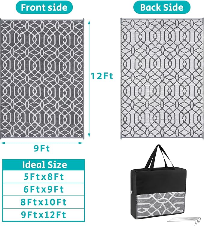 HEBE Outdoor Rug 9'x12' for Patios Waterproof Clearance Reversible Patio Mat Plastic Straw Rug RV Camping Mat Outside Area Rug Carpet for Camping RV,Porch,Deck,Balcony,Camper,Backyard