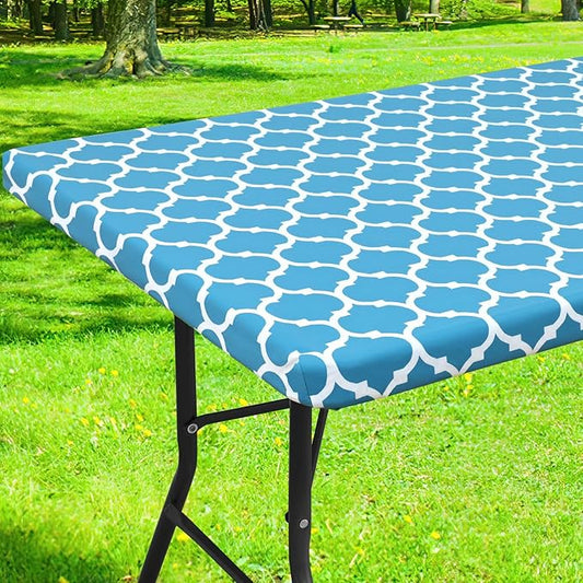 Smiry Rectangle Picnic Table Cover, Waterproof Elastic Fitted Camping Tablecloths for 6 Foot Tables, Wipeable Flannel Backed Vinyl Tablecloth Protector for Indoor, Outdoor (Light Blue, 30x72 Inches)
